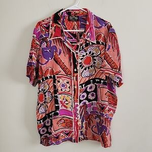 Bob Mackie Silk Colorful Animal Graphic Short Sleeve Button-Up Shirt